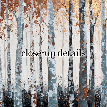 The image is a close-up of a forest with tall trees, featuring a mix of white, orange, and black colors.