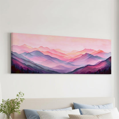a large, colorful painting of mountains with a pink and purple gradient background, hanging on a wall above a bed with white pillows.