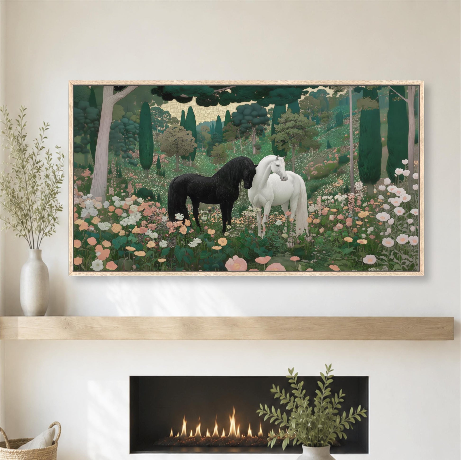 a large painting of two horses, one black and one white, standing in a field with flowers. The painting is displayed on a wall above a fireplace, which has a fire burning in it. There are also some decorative elements in the room, such as a vase and a potted plant.