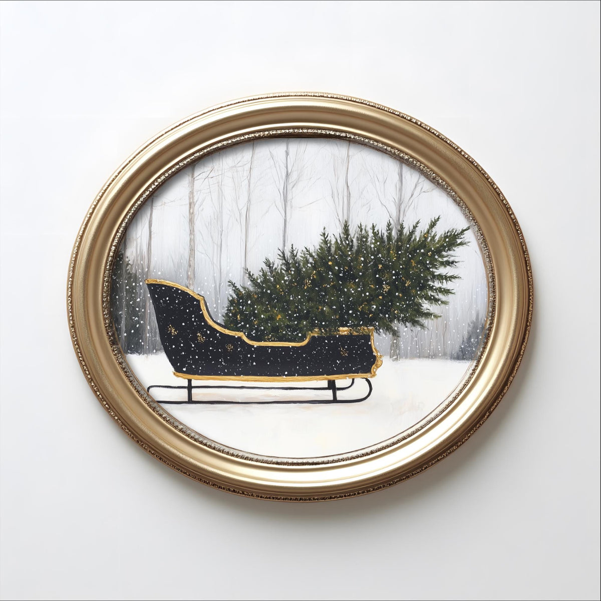 A black sled carrying a large evergreen tree is depicted in a gold-framed circular picture against a snowy winter landscape.