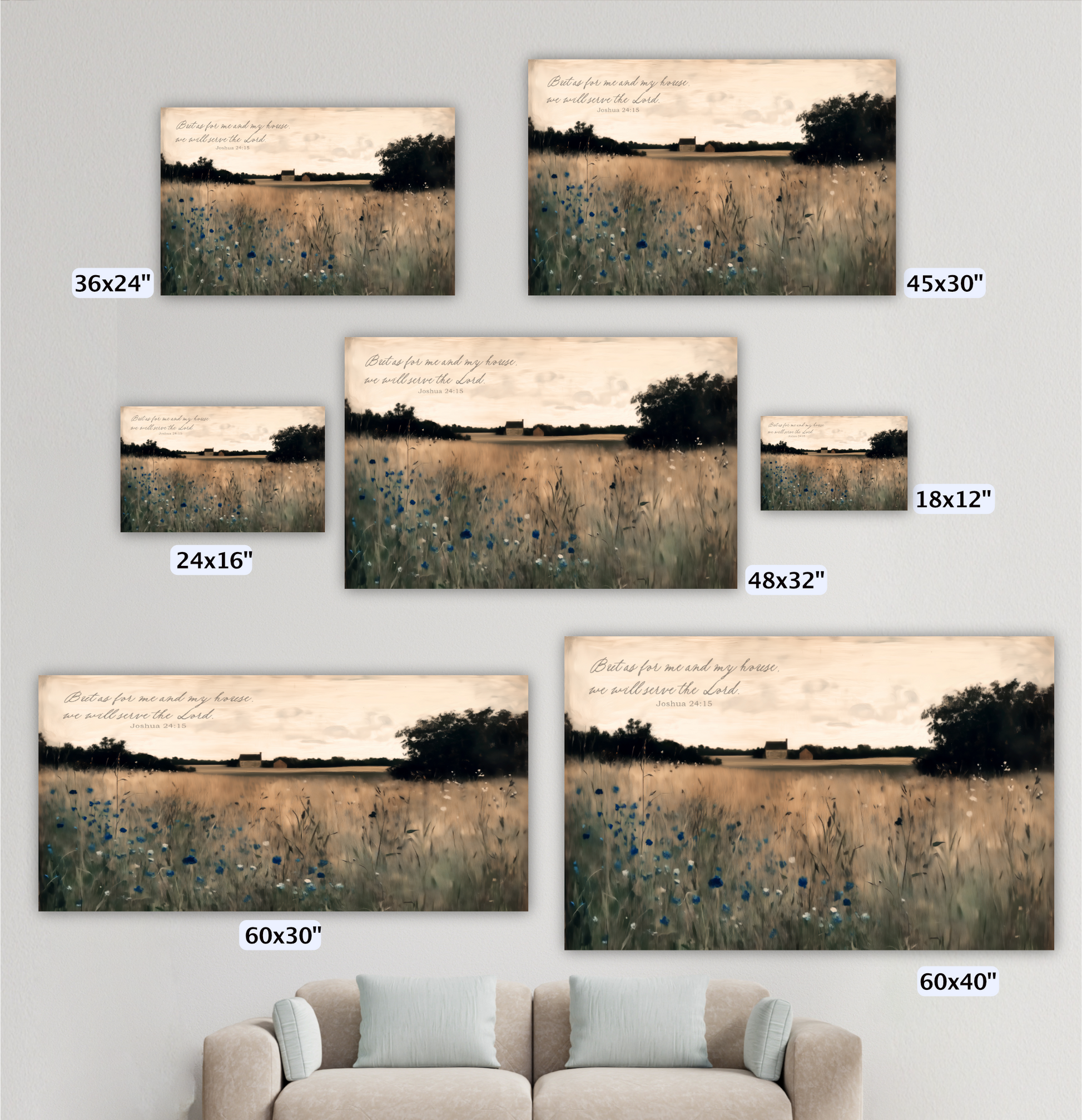 a collection of six different-sized landscape paintings or photographs depicting various scenes, such as a field, a house, and trees. The paintings vary in size, ranging from 36x24" to 45x30", and are arranged in a row against a wall.
