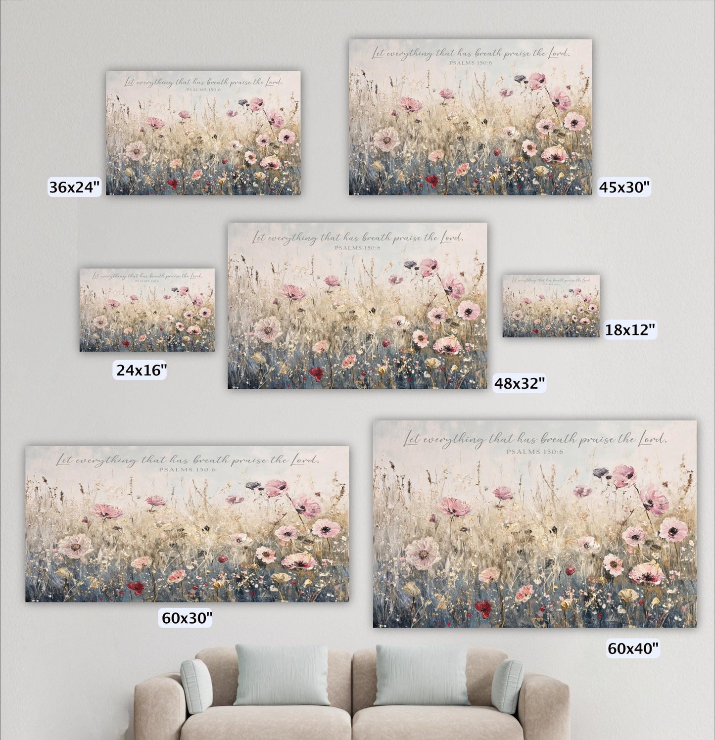 a collection of five framed artworks depicting a field of flowers, each with a different size and frame. The artworks are arranged on a wall, and there is a couch in the foreground.