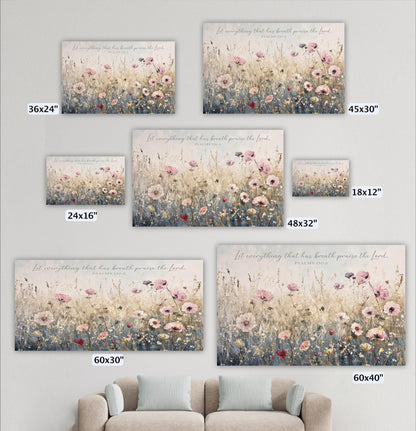 a collection of five framed artworks depicting a field of flowers, each with a different size and frame. The artworks are arranged on a wall, and there is a couch in the foreground.