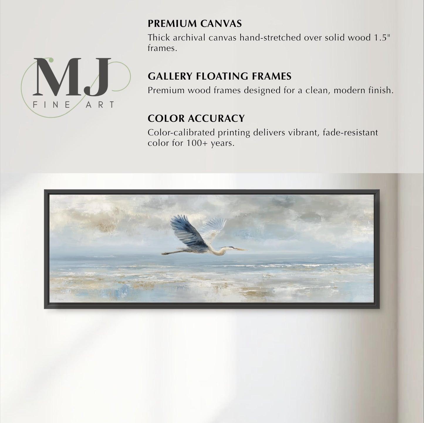 The image is a painting of a bird in flight over a body of water, framed by a black border.