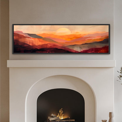 a fireplace with a framed landscape painting hanging above it.