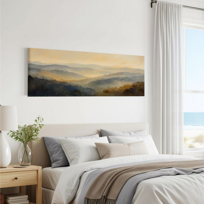 a serene bedroom scene with a large landscape painting hanging on the wall above a bed with white bedding and a gray throw blanket.