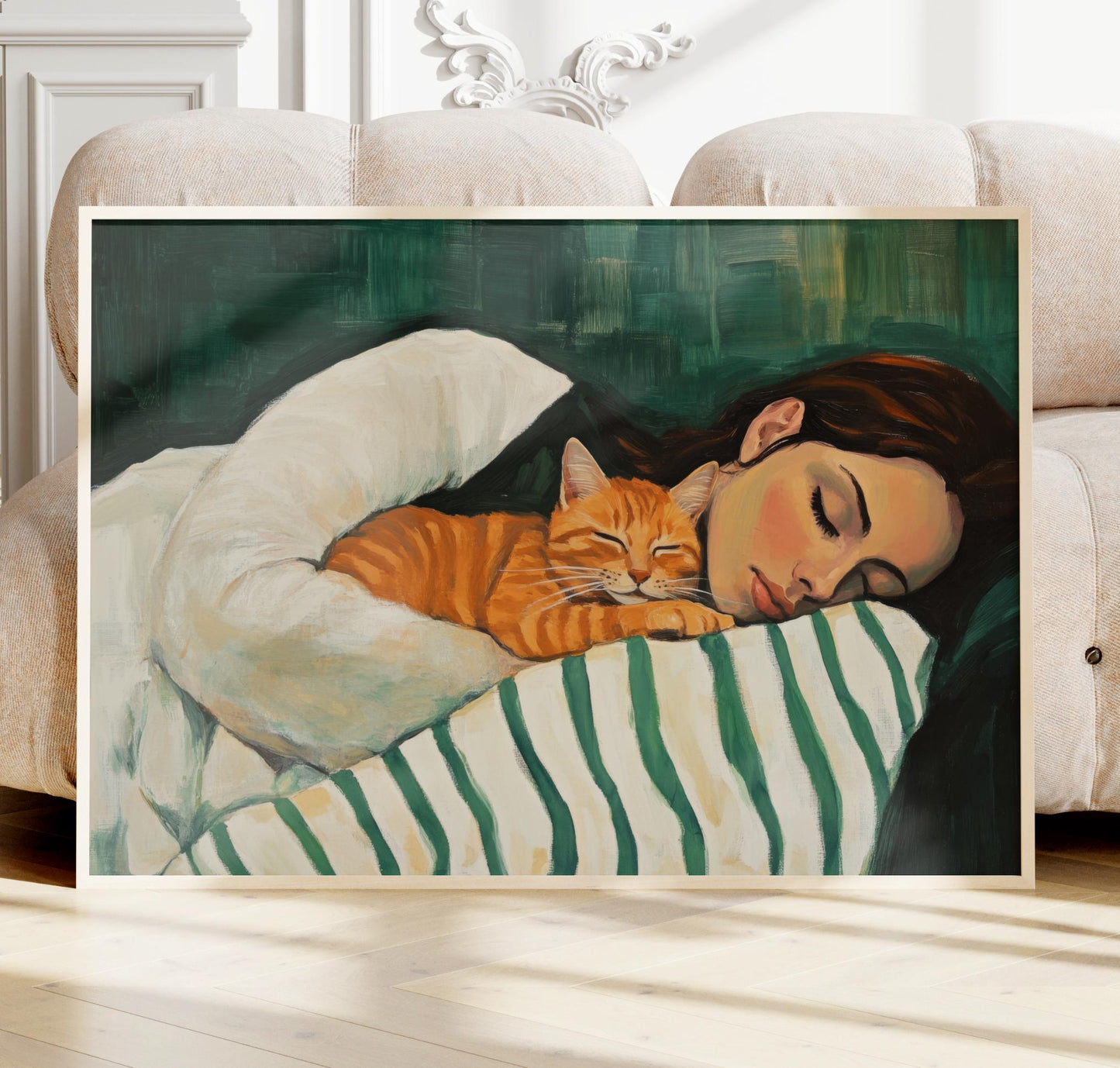 a painting of a woman sleeping with an orange cat emerald green