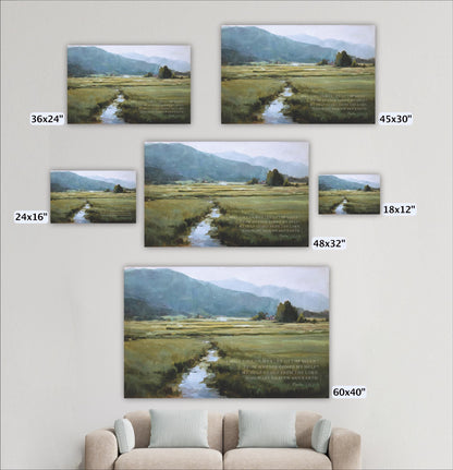 The image is a collage of five landscape paintings, each depicting a serene countryside scene with rolling hills, a winding stream, and a clear sky. The paintings vary in size, ranging from 36x24 inches to 48x32 inches. The largest painting is 60x40 inches, and the smallest is 24x16 inches. The paintings are arranged on a wall, with a couch in the foreground.