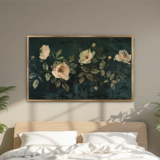Vintage Dark Green Wildflower Art, Cottagecore Framed Canvas, Dark Moody Victorian Landscape Floral over the bed art