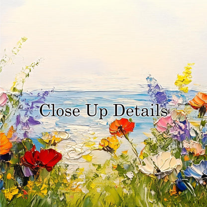 The image is a vibrant painting depicting a field of colorful flowers, with a body of water in the background. The text "Close Up Details" is overlaid on the painting, suggesting that the viewer should closely examine the details of the flowers and the water.