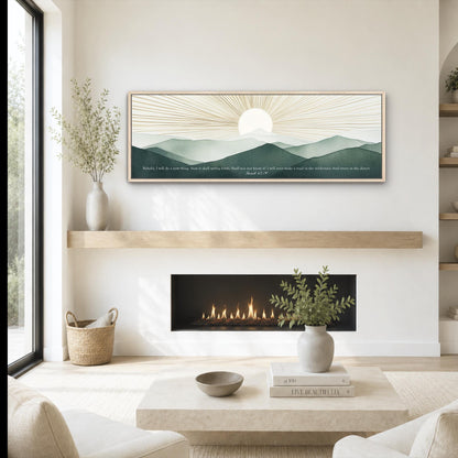 a cozy living room with a fireplace, a coffee table, and a framed landscape painting hanging on the wall above the fireplace.