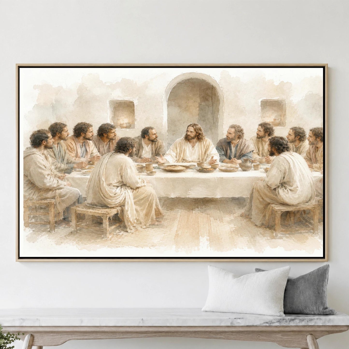 The Last Supper Framed Art, Modern Minimalist Watercolor Painting Effect Canvas Print Religious Artwork, Christian Large Wall Art