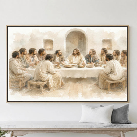 The Last Supper Framed Art, Modern Minimalist Watercolor Painting Effect Canvas Print Religious Artwork, Christian Large Wall Art