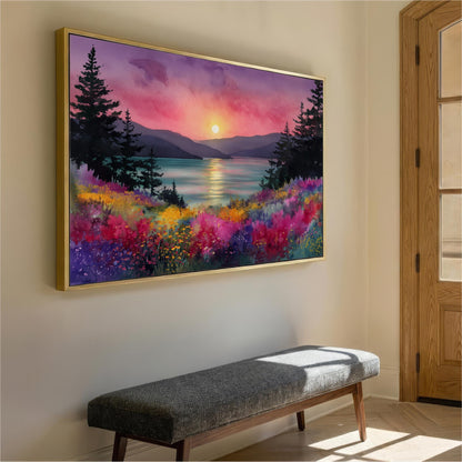 a large, colorful painting of a sunset landscape hanging on a wall, with a bench in the foreground.
