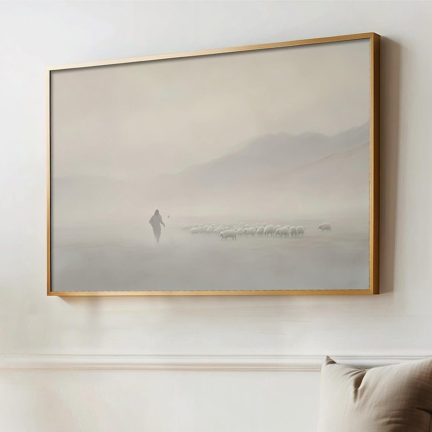 Jesus and the Lost sheep, 99 sheep, shepherd minimalist white beige art