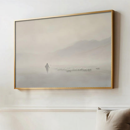 Jesus and the Lost sheep, 99 sheep, shepherd minimalist white beige art