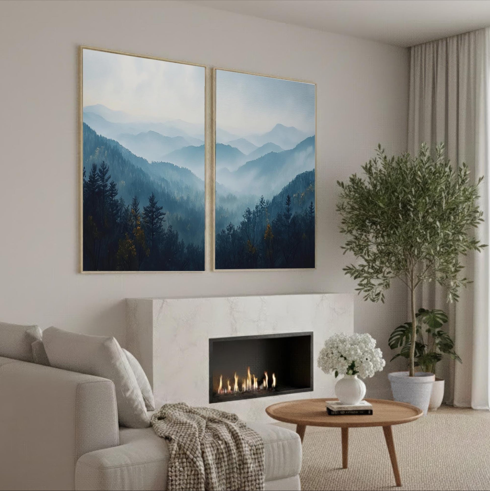 a cozy living room with a fireplace, a comfortable couch, and a large landscape painting hanging on the wall above it.