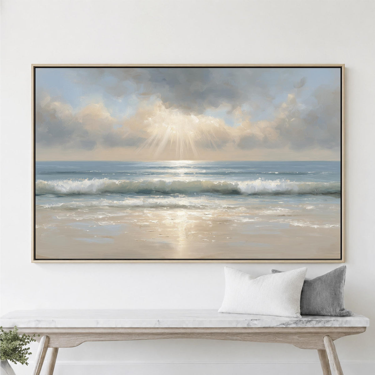 Ocean Sun Framed Wall Art, Coastal Beach Painting Effect, Sun Rays Over Waves, Large Cloudy Seascape Artwork, Storm Sea, Oversized Artwork