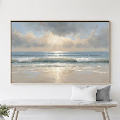 Ocean Sun Framed Wall Art, Coastal Beach Painting Effect, Sun Rays Over Waves, Large Cloudy Seascape Artwork, Storm Sea, Oversized Artwork
