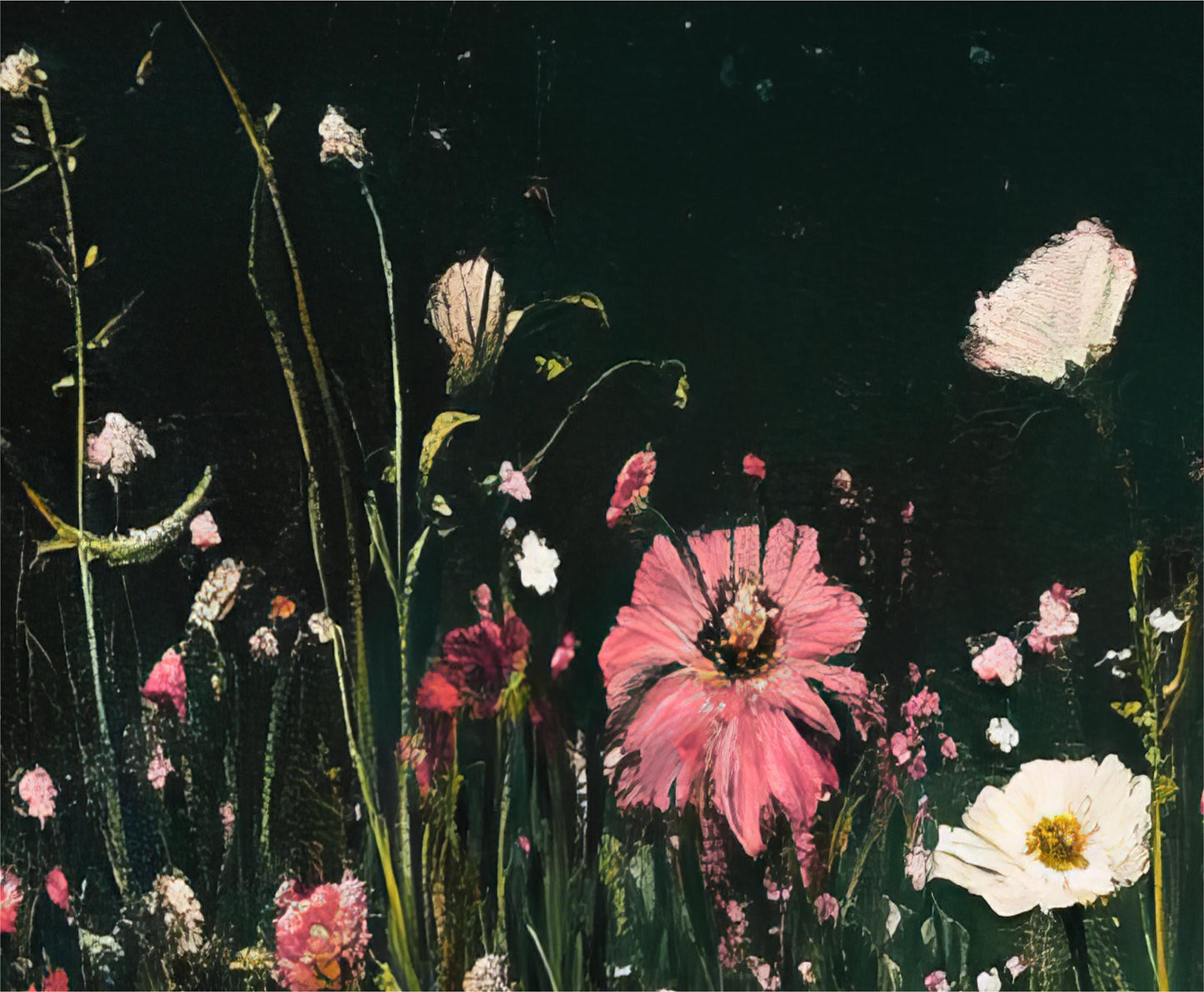 a painting of pink and white flowers on a black background