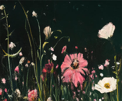 a painting of pink and white flowers on a black background