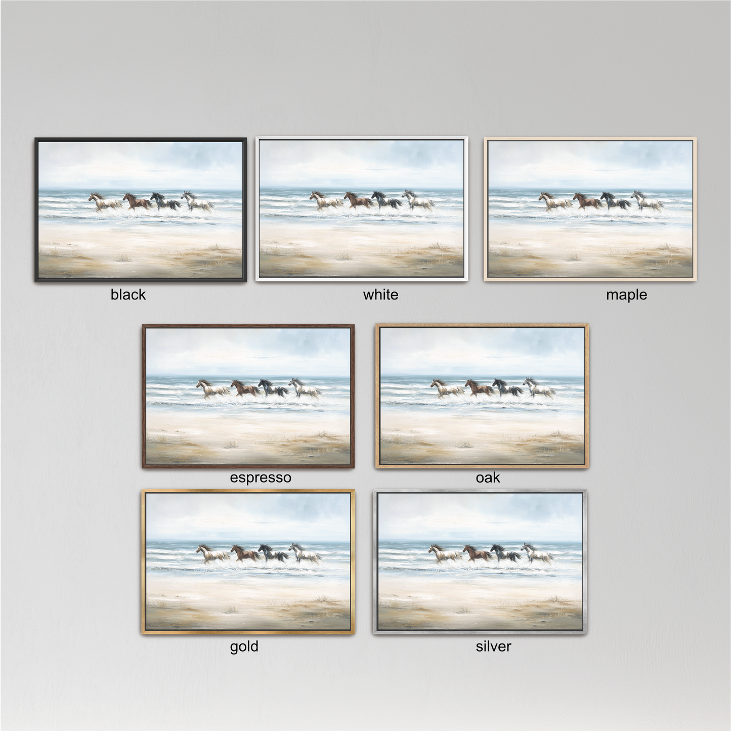 six different framed pictures of horses running on a beach, each with a different color frame. The frames are labeled with the color of the frame, such as black, white, maple, espresso, oak, and gold.