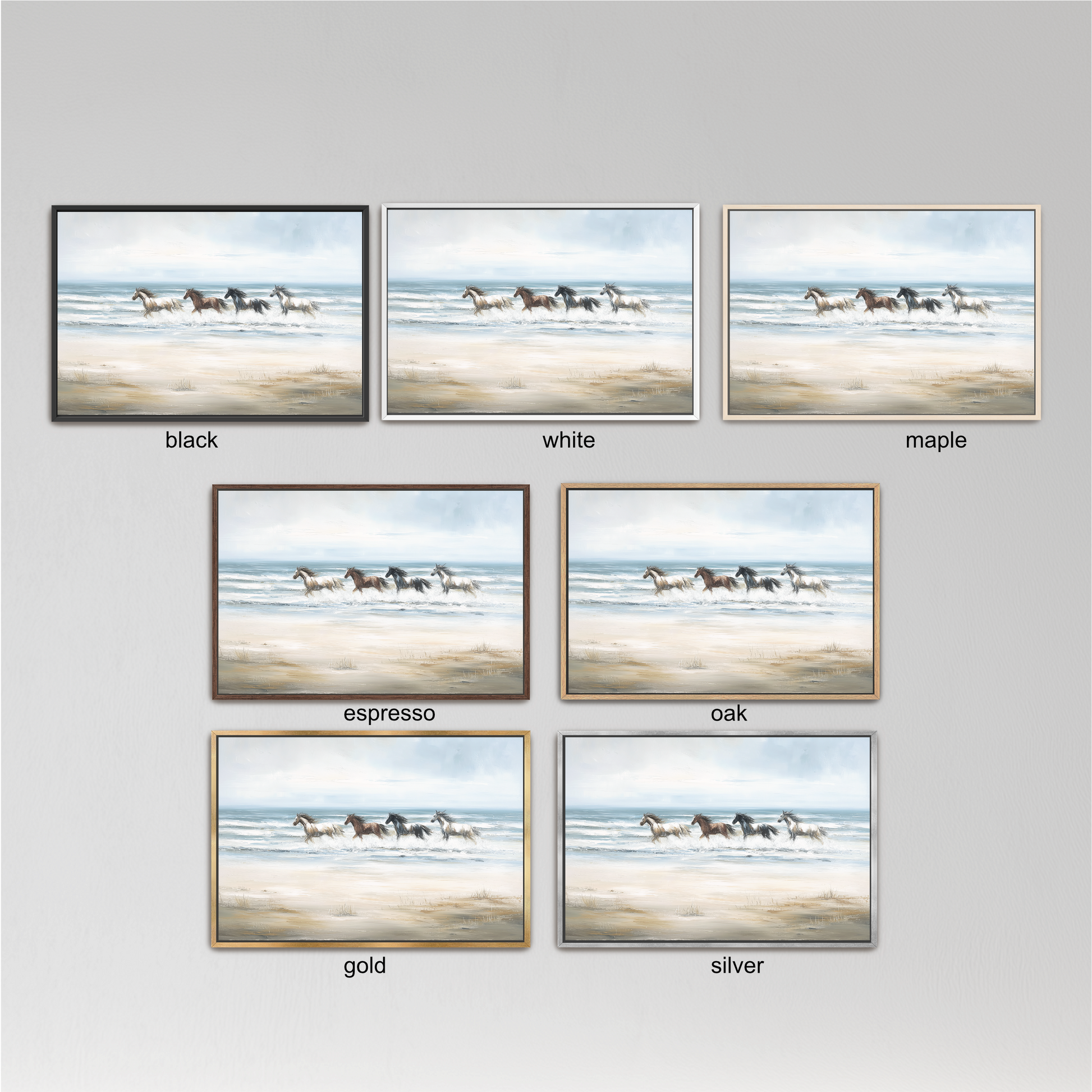 six different framed pictures of horses running on a beach, each with a different color frame. The frames are labeled with the color of the frame, such as black, white, maple, espresso, oak, and gold.