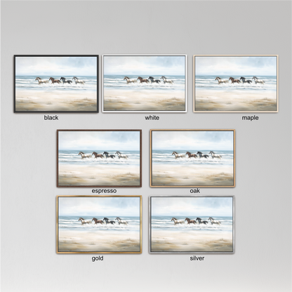 six different framed pictures of horses running on a beach, each with a different color frame. The frames are labeled with the color of the frame, such as black, white, maple, espresso, oak, and gold.