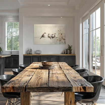 a modern dining room with a large wooden table surrounded by black chairs. A large painting of birds is displayed on the wall above the table. The room has large windows that provide ample natural light, and the overall decor has a rustic yet contemporary feel.