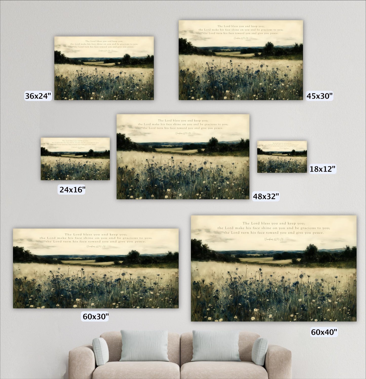 a collection of six landscape paintings, each varying in size and frame, displayed on a wall. The paintings depict a serene countryside scene with a field of flowers and trees. The sizes of the paintings range from 36 inches to 60 inches, and the frame sizes vary from 24 inches to 48 inches. The text accompanying the paintings provides a biblical verse, "The Lord Bless you and keep you," which is a common refrain in Christian art and literature.