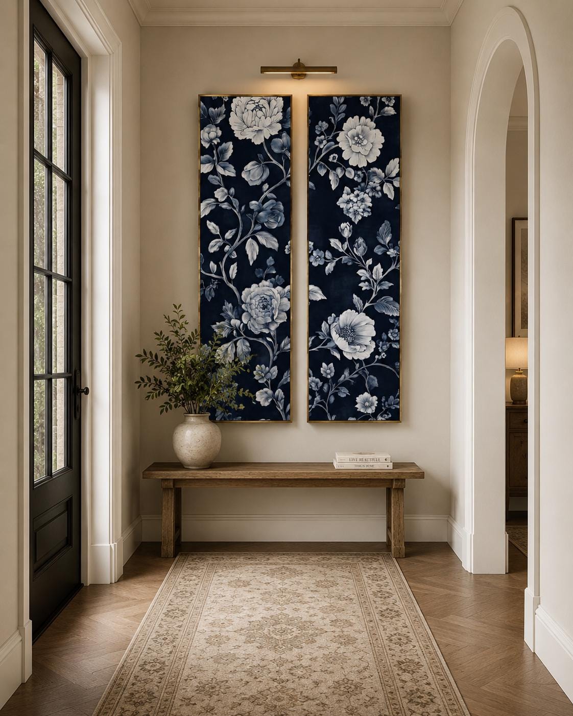 a hallway with a wooden bench, a vase of greenery, and two large floral paintings hanging on the wall above the bench.