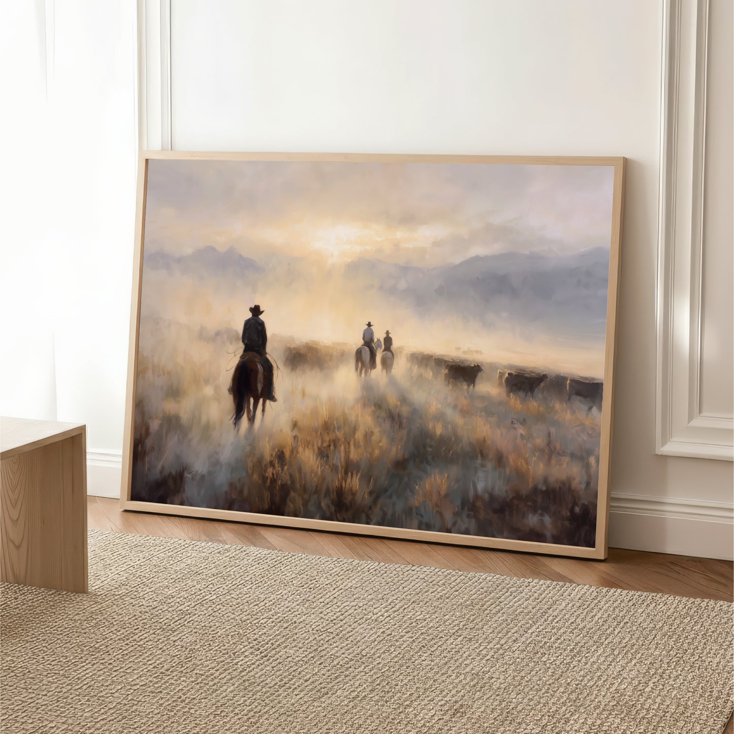 a cowboy riding a horse through a field of tall grass, with a misty, hazy atmosphere in the background.