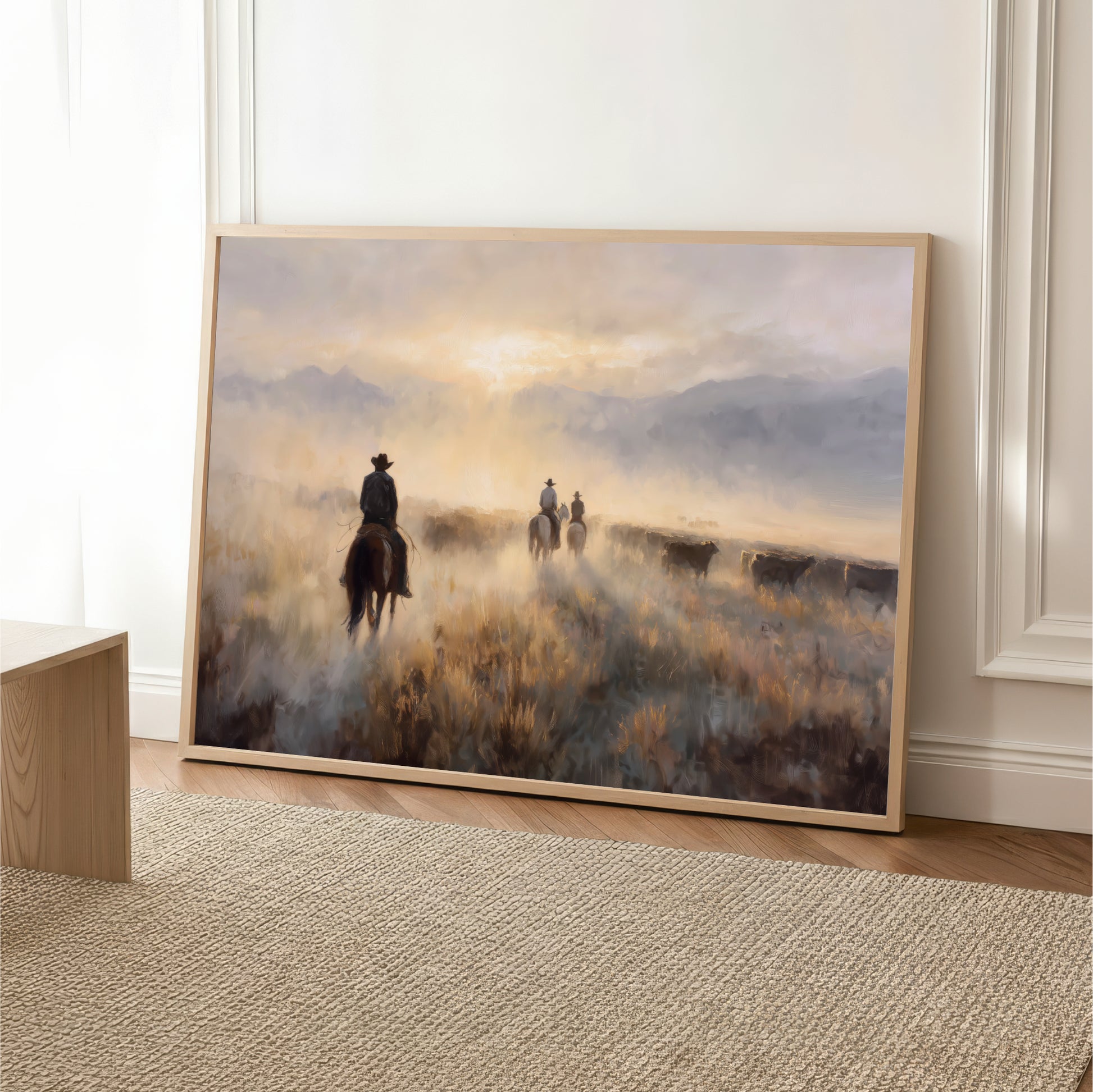 a cowboy riding a horse through a field of tall grass, with a misty, hazy atmosphere in the background.