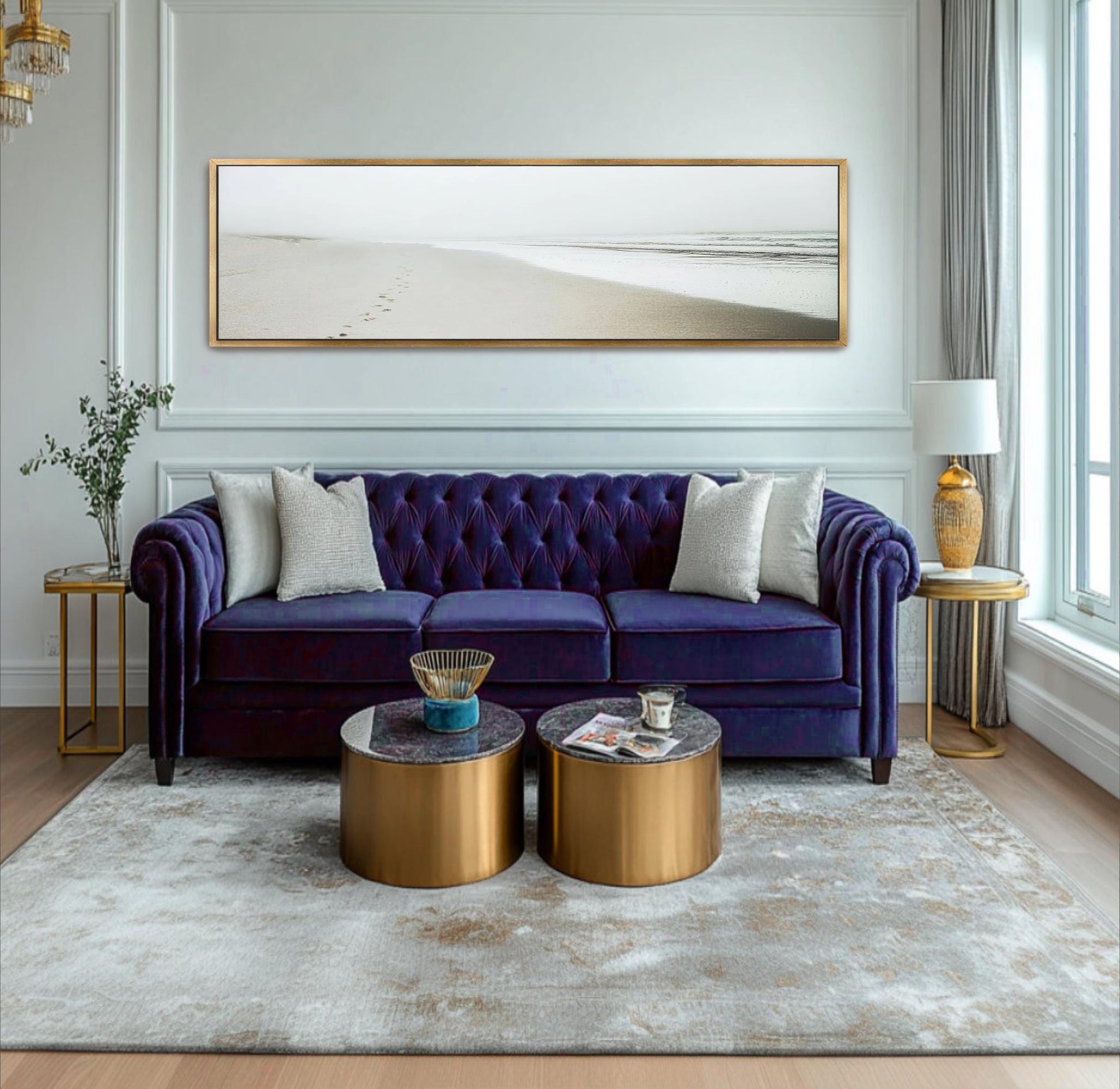 a living room with a purple couch and a coffee table