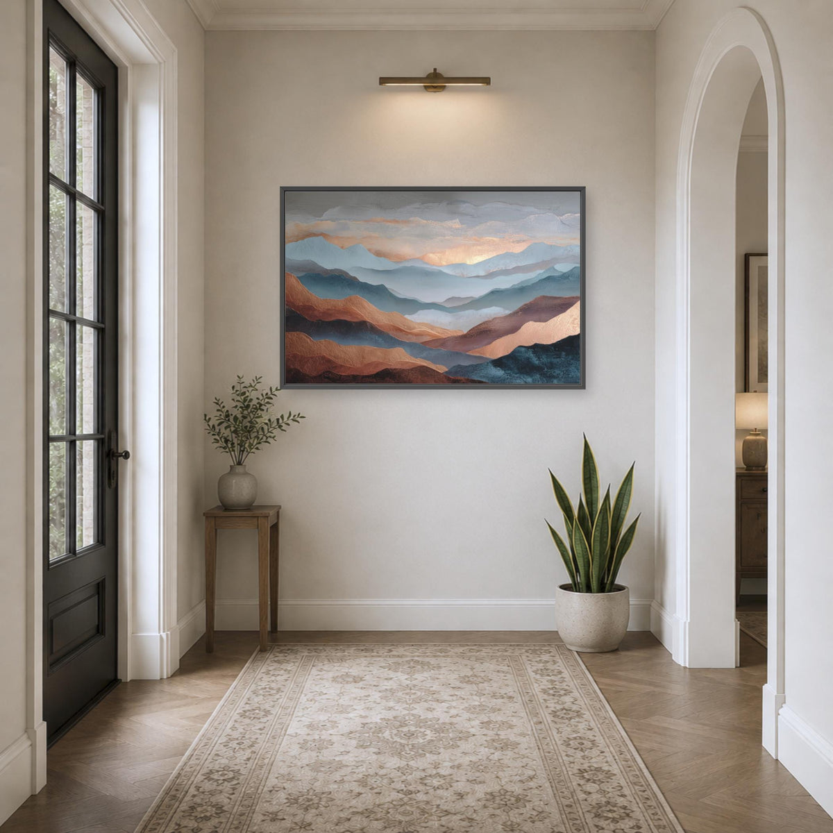 a hallway with a large painting of mountains hanging on the wall, a small table with a plant, and a rug on the floor.