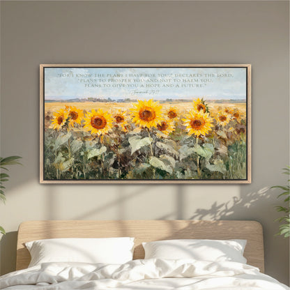 The image is a framed painting of a field of sunflowers, with a text overlay that reads "For I know the plans I have for you declares the Lord, plans to prosper you and not to harm you. Plans to give you a head and a future."