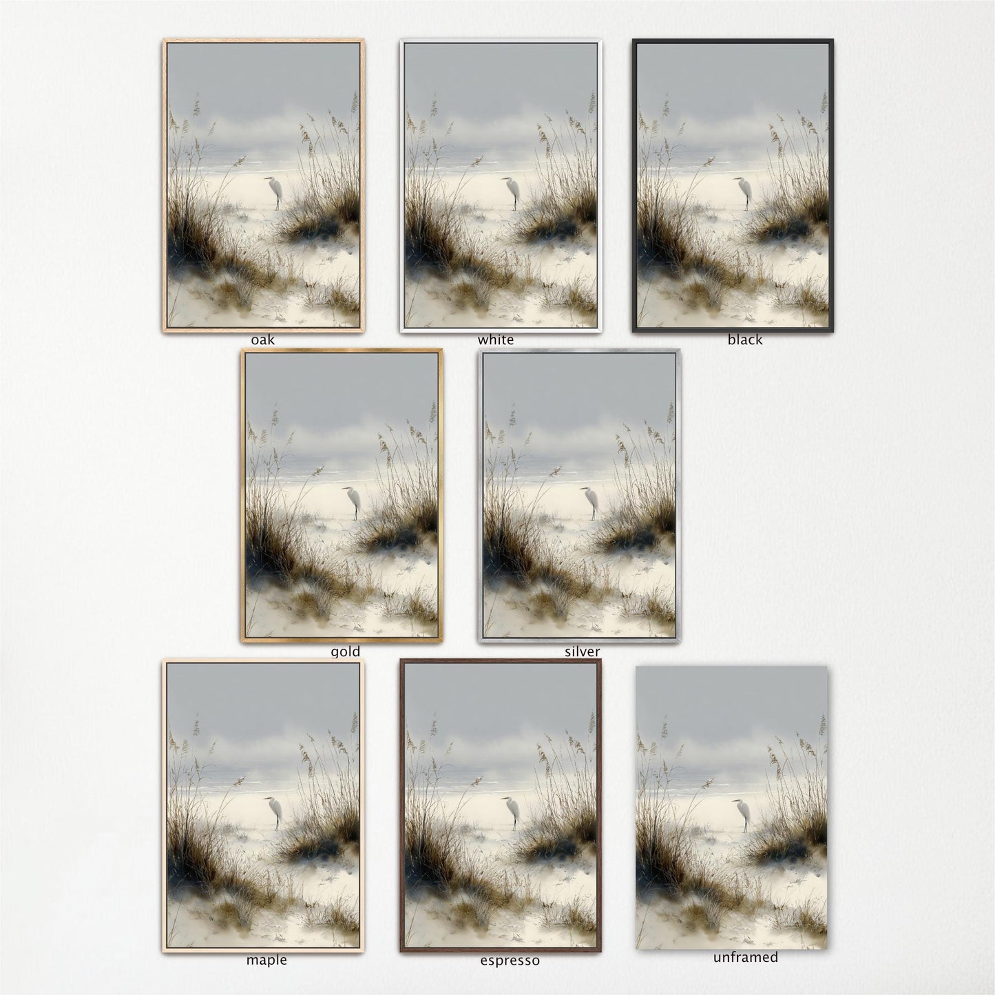 a collection of nine framed landscape photographs, each depicting a different scene with a bird in the background. The photographs are arranged in a grid format, with three rows and three columns. The images vary in color and frame style, showcasing the diversity of the artistic representation of the bird and its natural surroundings.