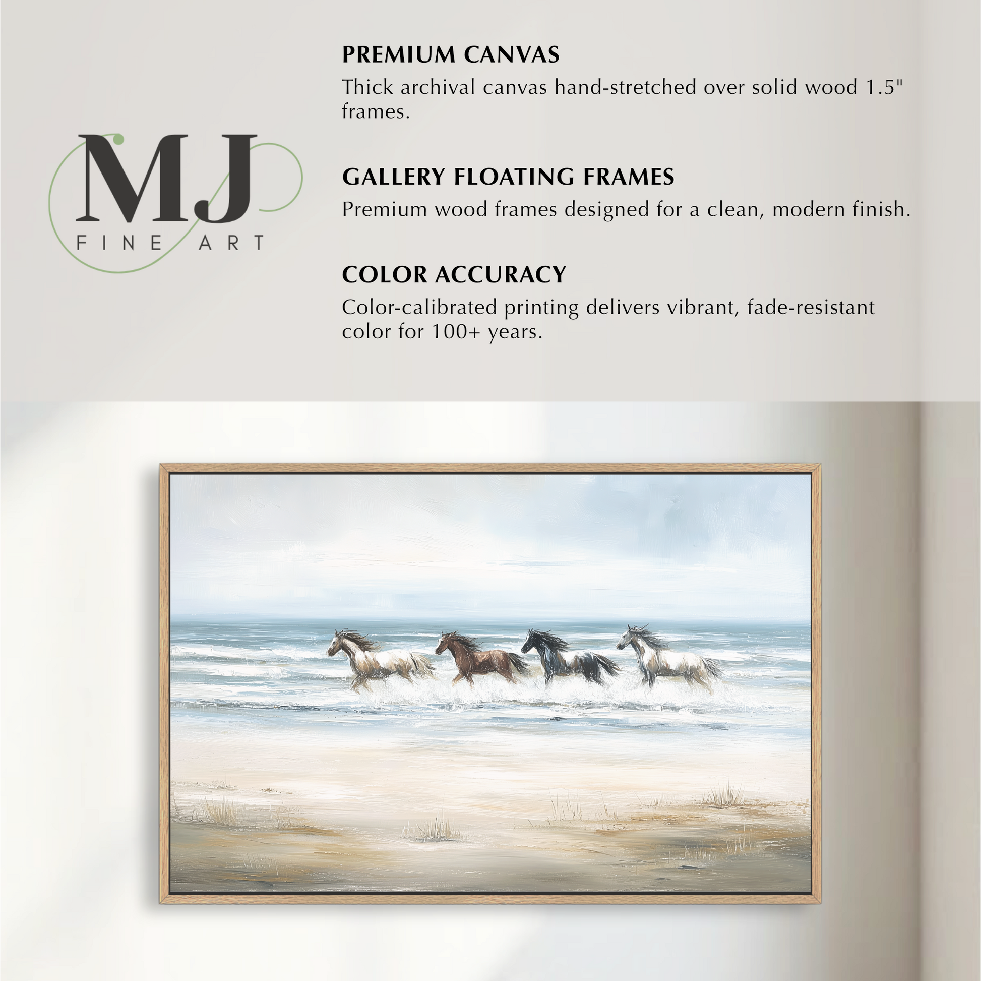 The image is a painting of four horses running on a beach, with the ocean in the background.