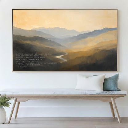 a large painting of a mountainous landscape hanging on a wall above a wooden bench with pillows.
