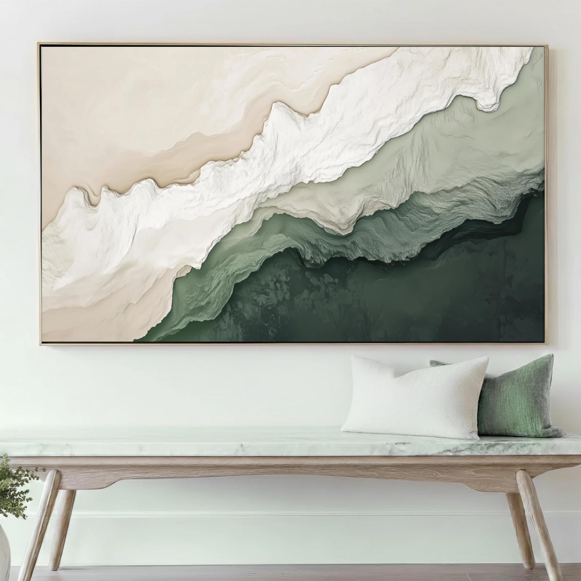 Abstract Sage Green Beige Minimalist Beach Wall Art, Ocean Wave Painting, Large Framed Canvas Wabi-Sabi, Living Room Horizontal textured 3D
