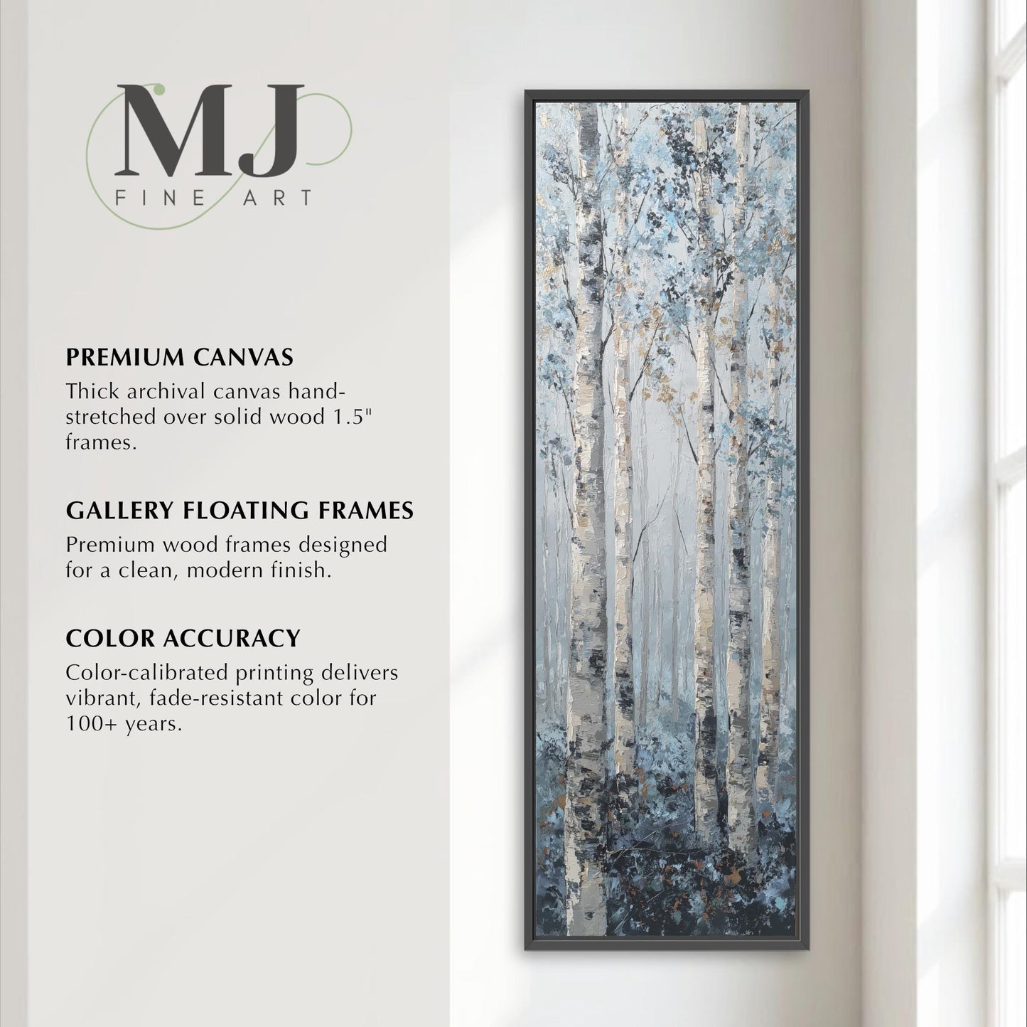 The image is a promotional poster for MJ Fine Art, featuring a painting of a forest with birch trees. The poster highlights the premium quality of the artwork, including the use of thick archival canvas hand-stretched over solid wood 1.5-5" frames, gallery floating frames, and color accuracy.