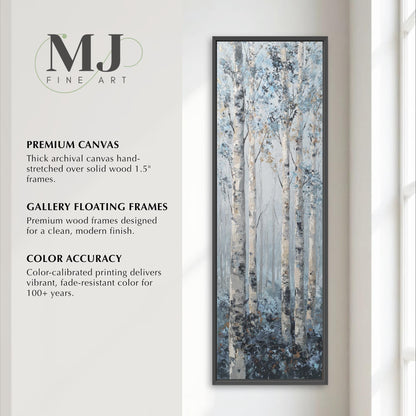 The image is a promotional poster for MJ Fine Art, featuring a painting of a forest with birch trees. The poster highlights the premium quality of the artwork, including the use of thick archival canvas hand-stretched over solid wood 1.5-5" frames, gallery floating frames, and color accuracy.