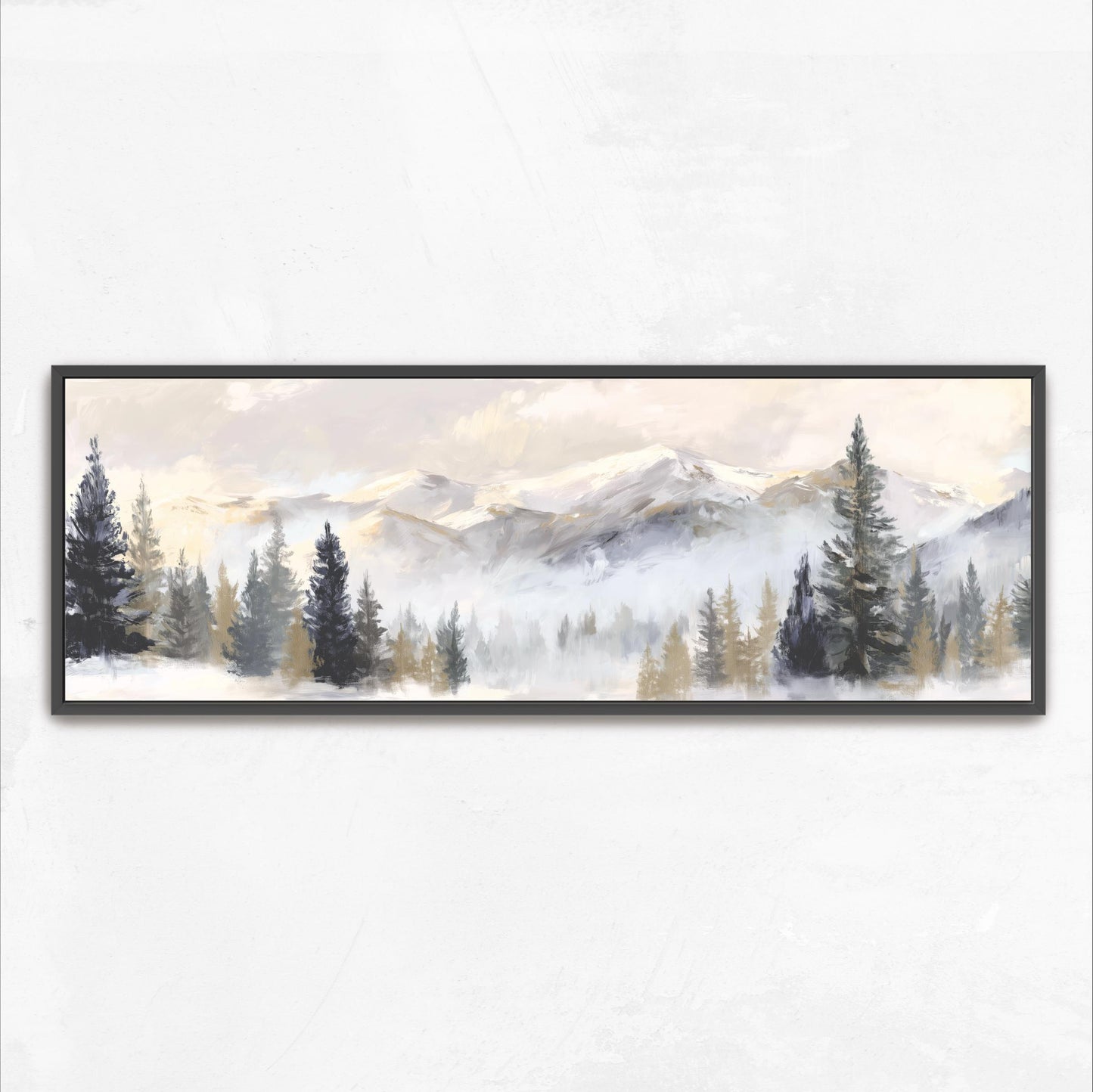 Snowy Mountain Landscape Framed Wall Art, Panoramic Winter Canvas Print, Forest Mountain Painting, Horizontal Nature Neutral Artwork