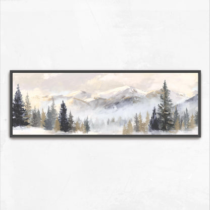 Snowy Mountain Landscape Framed Wall Art, Panoramic Winter Canvas Print, Forest Mountain Painting, Horizontal Nature Neutral Artwork