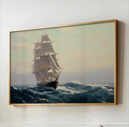 A painting of a large sailing ship with three masts navigating through rough seas.