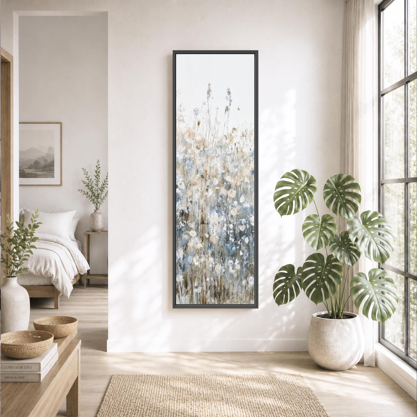 a serene and well-decorated living room with a large window, a painting of flowers, and various potted plants.