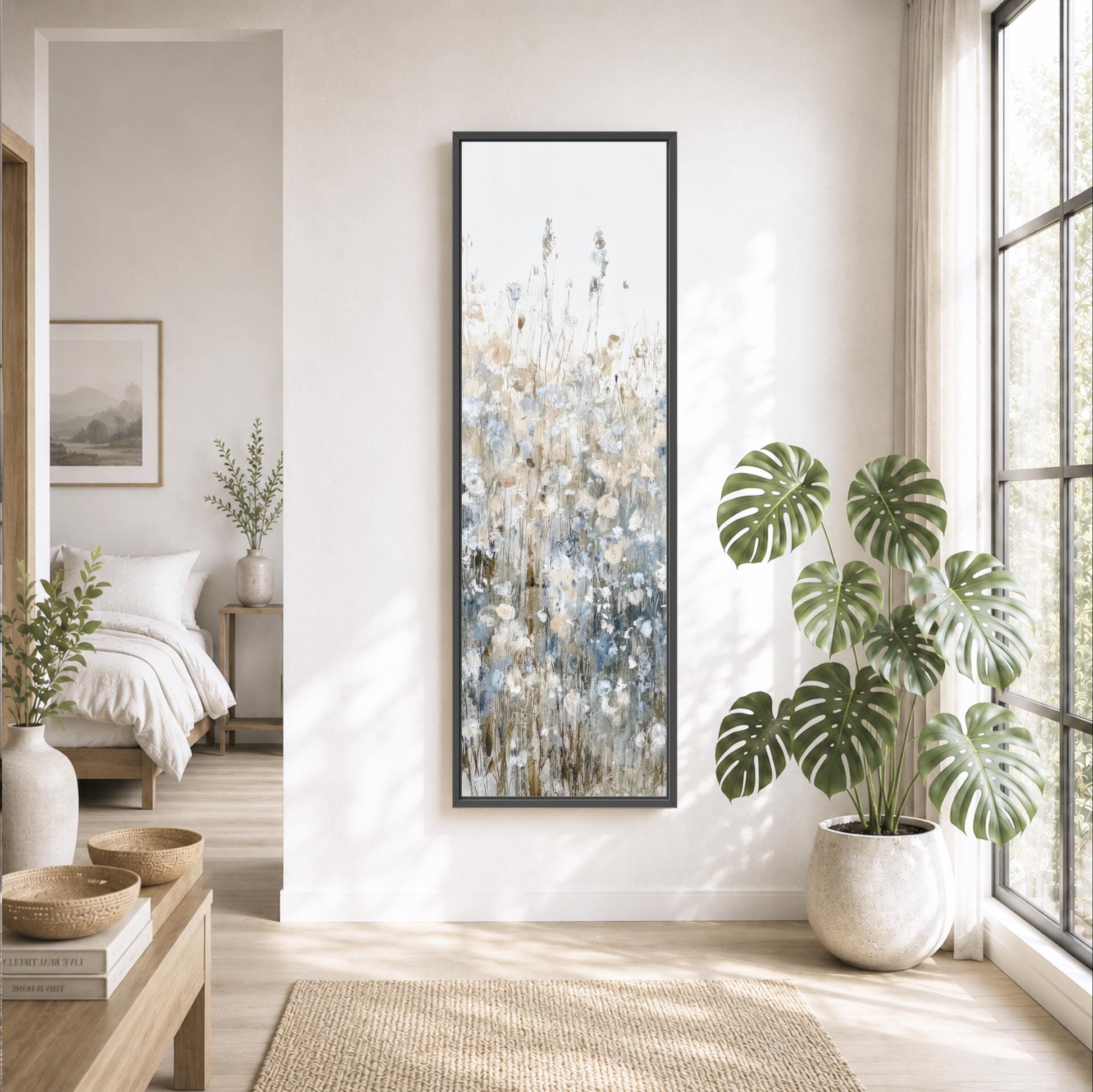 a serene and well-decorated living room with a large window, a painting of flowers, and various potted plants.