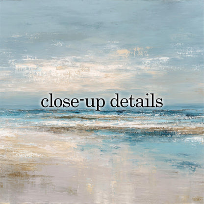 The image is a painting of a serene ocean scene with a cloudy sky in the background.