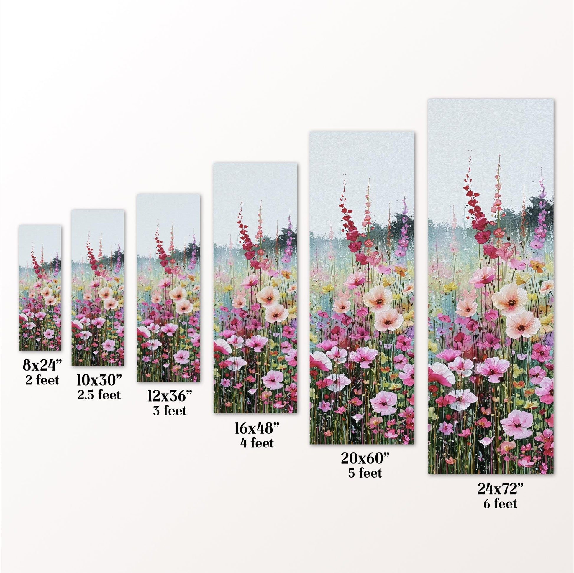 a series of images depicting various sizes of flower gardens, ranging from 8x24" to 24x60".