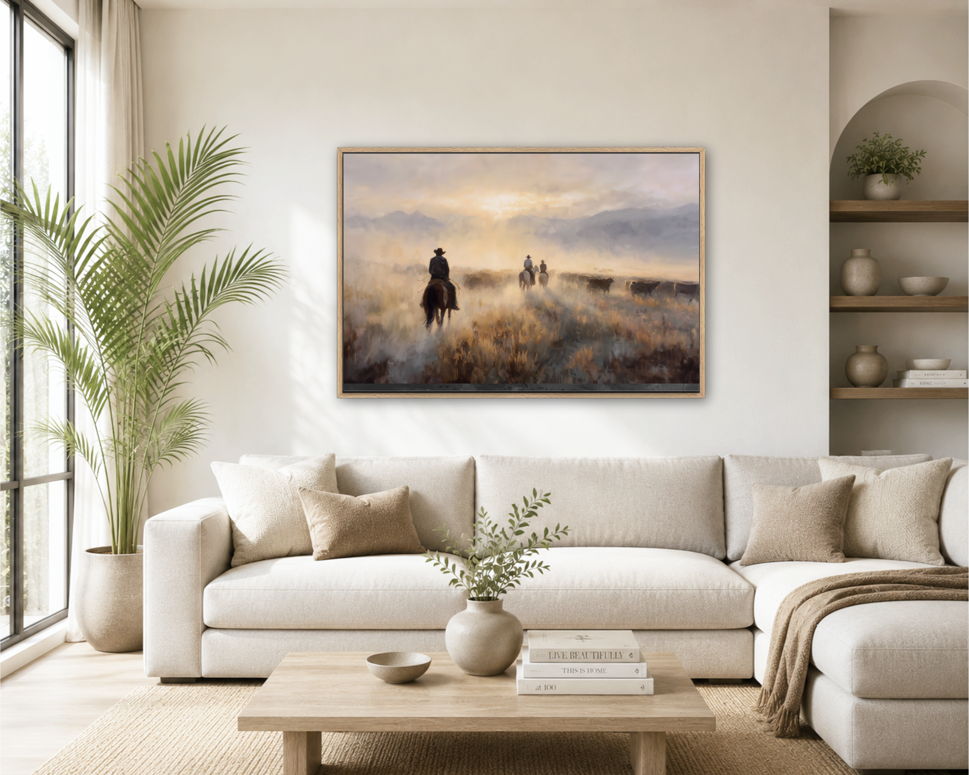a serene living room with a large painting of a cowboy on horseback in the background, a white sofa, a coffee table, and a potted plant.